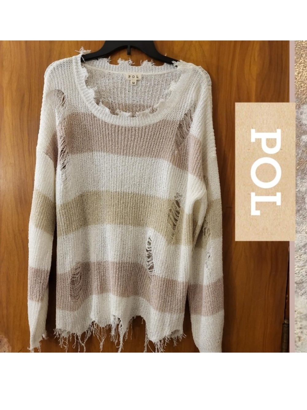 POL Distressed Striped Crewneck Sweater in Cream and Tan #1